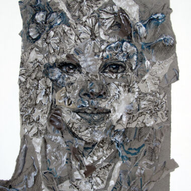 ©Judy Volkmann, Flora, 2018, charcoal, conte and ink on paper mounted on acrylic painted wood panel, Image wrapped around onto one side, 14 x 11 in, $1200 Available