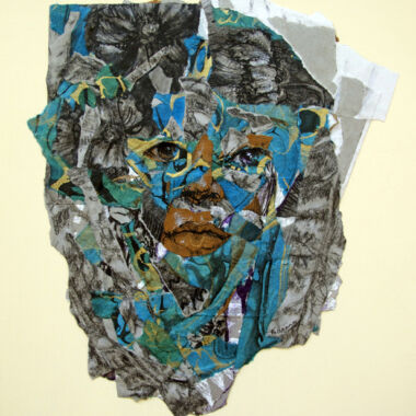 ©Judy Volkmann, Native, 2018, Charcoal and ink on paper, Thai marbled momi paper and cardboard box package mounted on acrylic painted wood panel, 18 x 14 in, $1200 Available