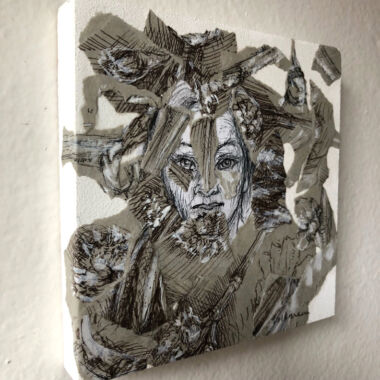 The Arrival (detail), 2018, Ink on paper mounted on board, Image wrapped around onto sides, 5 x 5 in, $75 Available