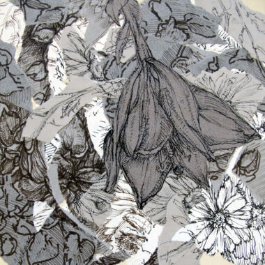 ©Judy Volkmann, In the Garden, 2018, ink on paper mounted on wood panel, Image wrapped around onto sides, 8 x 8 in, $150 Available