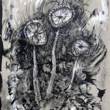 ©Judy Volkmann Dancing Mushrooms, 2018, Ink on paper mounted on archival presentation board, 10 x 8 in, (Frame is brown wood with wall and tabletop display options), $200 Available