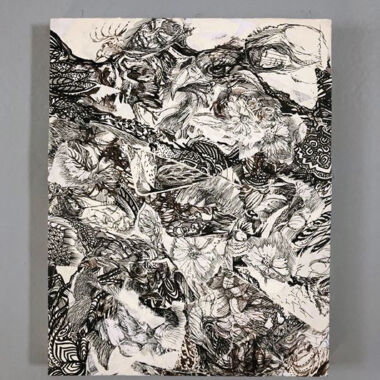 Inner Worlds, Outer Worlds, Ink drawings collaged on wood panel, 14x11 in, Available $1200.