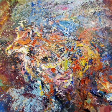 ©Judy Volkmann, Fox and Me, 2020, oil and oil stick on canvas, 10 x 10 in, $450 Available