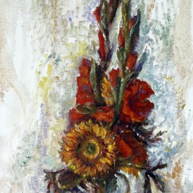 ©Judy Volkmann, Sunflowers and Gladiolus in Vase, 2023, oil on canvas, 24 x 12 x 1.5 in, $950 Available