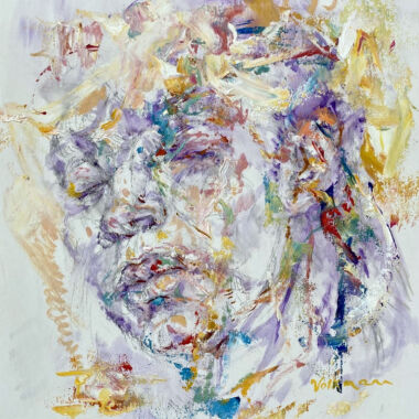 ©Judy Volkmann, White Wings, 2021, oil and charcoal on wood panel, 12 x 12 in, $550 Available