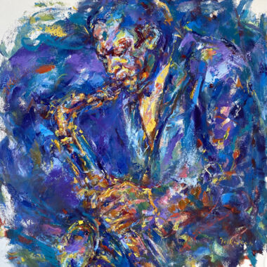 ©Judy Volkmann, John Coltrane, 2022, oil on canvas, 24 x 24 in, $1,400 Available at Sarah Jessica Fine Arts in Provincetown, MA (508) 487-0884