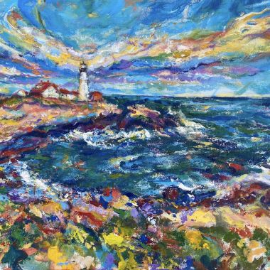 ©Judy Volkmann, The Energy of Light (Portland Head Light, Cape Elizabeth, ME) 2022 acrylic on canvas 18 x 24 in, $1,200 Available at Cygnet Gallery, 322 Main Street, Unit 1, Southwest Harbor, ME 04679 (207) 478-5605