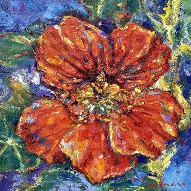 ©Judy Volkmann, Nasturtium, 2022, oil on canvas, 8 x 8 in, $350 Available