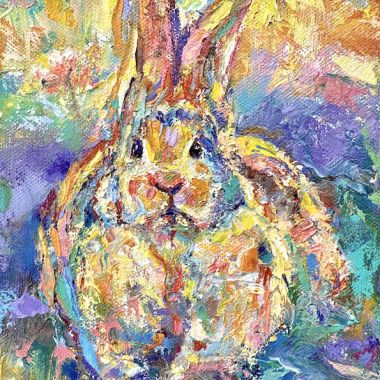 ©Judy Volkmann, Don't Worry, Be Hoppy 2023, oil on canvas, 8 x 6 x 1.5 in, $350 Available