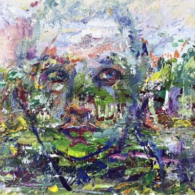 ©Judy Volkmann, Lush (Face in a Landscape), 2023, oil on cradled board, 4 x 8 x .75 in, $200 Available
