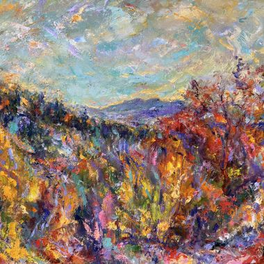 ©Judy Volkmann, Autumn on the Kancamagus, 2023, oil on canvas, 18 x 24 in, $1,200 Available at Art 3 Gallery, Manchester, NH (603) 668.6650