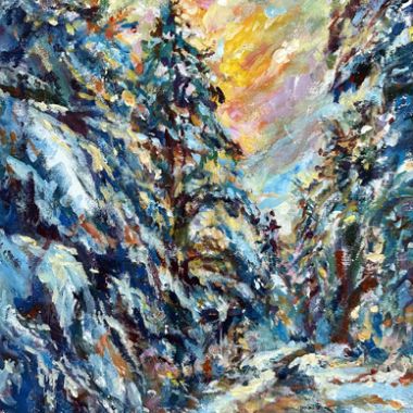 ©Judy Volkmann, Winter Walk, 2024, acrylic on canvas, 20 x 10 x 3/4 in, $750 Available