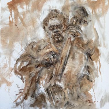 ©Judy Volkmann, Charles Mingus, 2024, oil and charcoal on canvas, 20 x 20 in, $1,200 Available at Sarah Jessica Fine Arts in Provincetown, MA (508) 487-0884