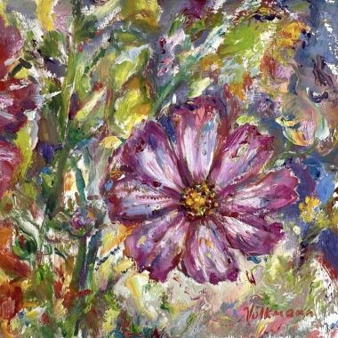 ©Judy Volkmann, Cosmo, 2024, oil on board, 6 x 6 x 1/8 in, framed, $250 Available