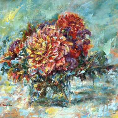 ©Judy Volkmann, Blooming Dahlia, 2025, acrylic on canvas, 11x14 in, framed, $600 Available at Art 3 Gallery, Manchester, NH