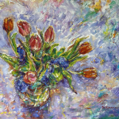 ©Judy Volkmann, Radiating Tulips, 2024, oil on canvas, 16 x 20 in, Framed in Gold frame 20 x 24 in, $950 Available