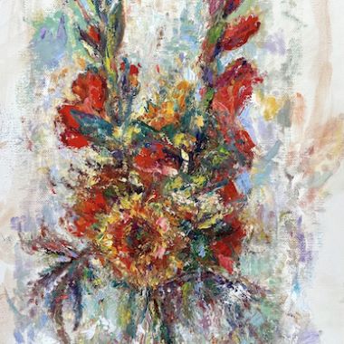 ©Judy Volkmann, Vase of Flowers, 2023, oil on canvas, 24 x 12 x 1.5 in, $950 Available