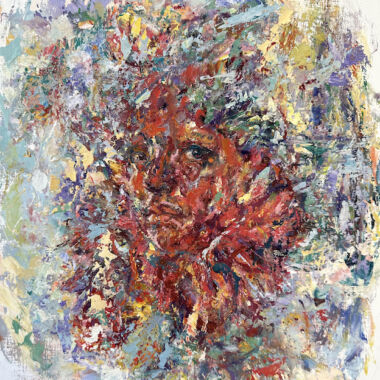©Judy Volkmann, Red Dahlia, 2025, oil on cradled wood panel, 14 x 11 x 1 in, $600 Available