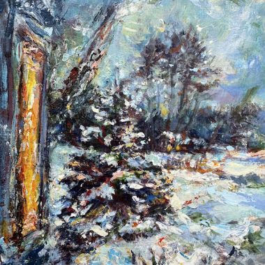 ©Judy Volkmann, Winter Time, 2025, acrylic on cradled wood panel, 8 x 6 x 1.5 in, $350 Available at True Grit Art Gallery, Middleboro, MA (774) 410-4160