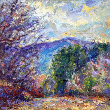 ©Judy Volkmann, Mountain View On Westons Beach, Fryeburg, ME, 2025, oil on board, 6 x 6 in, framed, $300 Available