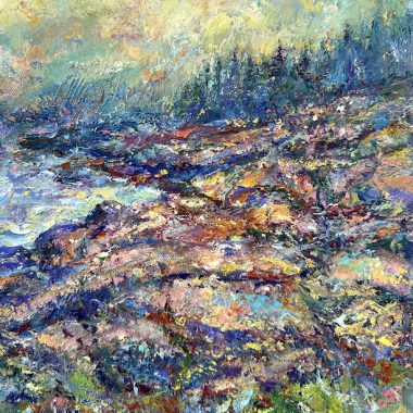 ©Judy Volkmann, Rocky Coast, 2025, oil on canvas, 14 x 11 x 1.5 in, $600 Available at Cygnet Gallery, 322 Main Street, Unit 1, Southwest Harbor, ME 04679 (207) 478-5605