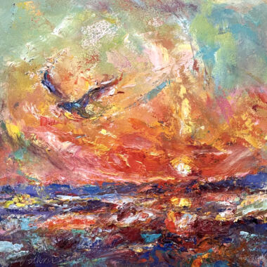 ©Judy Volkmann, Take Flight at Sunrise, 2025, oil on panel, 6 x 6 in, framed, $300 Available at True Grit Art Gallery in Middleboro, MA (774) 410-4160