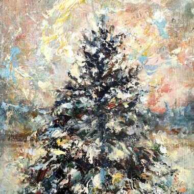 ©Judy Volkmann, Snowy Pine Tree #2, 2025, acrylic on panel, 7 x 5 in, framed, $300 Available
