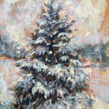 ©Judy Volkmann, Snowy Pine Tree #4, 2025, acrylic on panel, 7 x 5 in, framed, $300 Available at Mainely Gallery & Studio, Belfast, ME (207) 338-1828