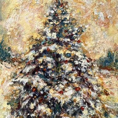 ©Judy Volkmann, Winter Tree Christmas, 2025, acrylic on panel, 7 x 5 in, table top frame, $250 Available