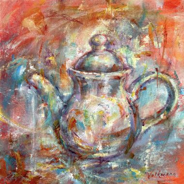 ©Judy Volkmann, Tea Time, 2025, acrylic on canvas, 10 x 10 x 1.5 in, $450 Available at Mainely Gallery & Studio, Belfast, ME (207) 338-1828
