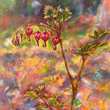 ©Judy Volkmann, Bleeding Hearts, 2025, acrylic on canvas board, 18 x 14 in, framed, $750 Available at True Grit Art Gallery in Middleboro, MA