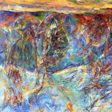 ©Judy Volkmann, Cosmic Reverie, 2026, oil on canvas, 24 x 24 x 1.5 in, $1,400 Available at Sarah Jessica Fine Arts, Provincetown, MA